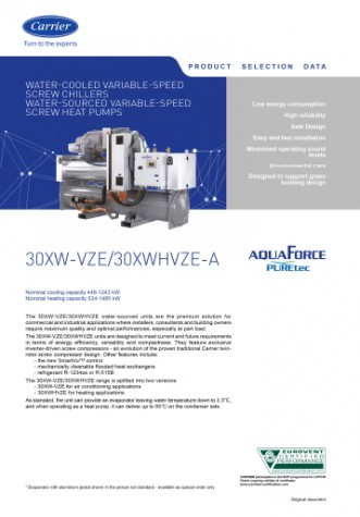 Catalog Carrier AQUAFORCE 30XW-VZE Water-Cooled Screw Liquid Chiller Heat Pump